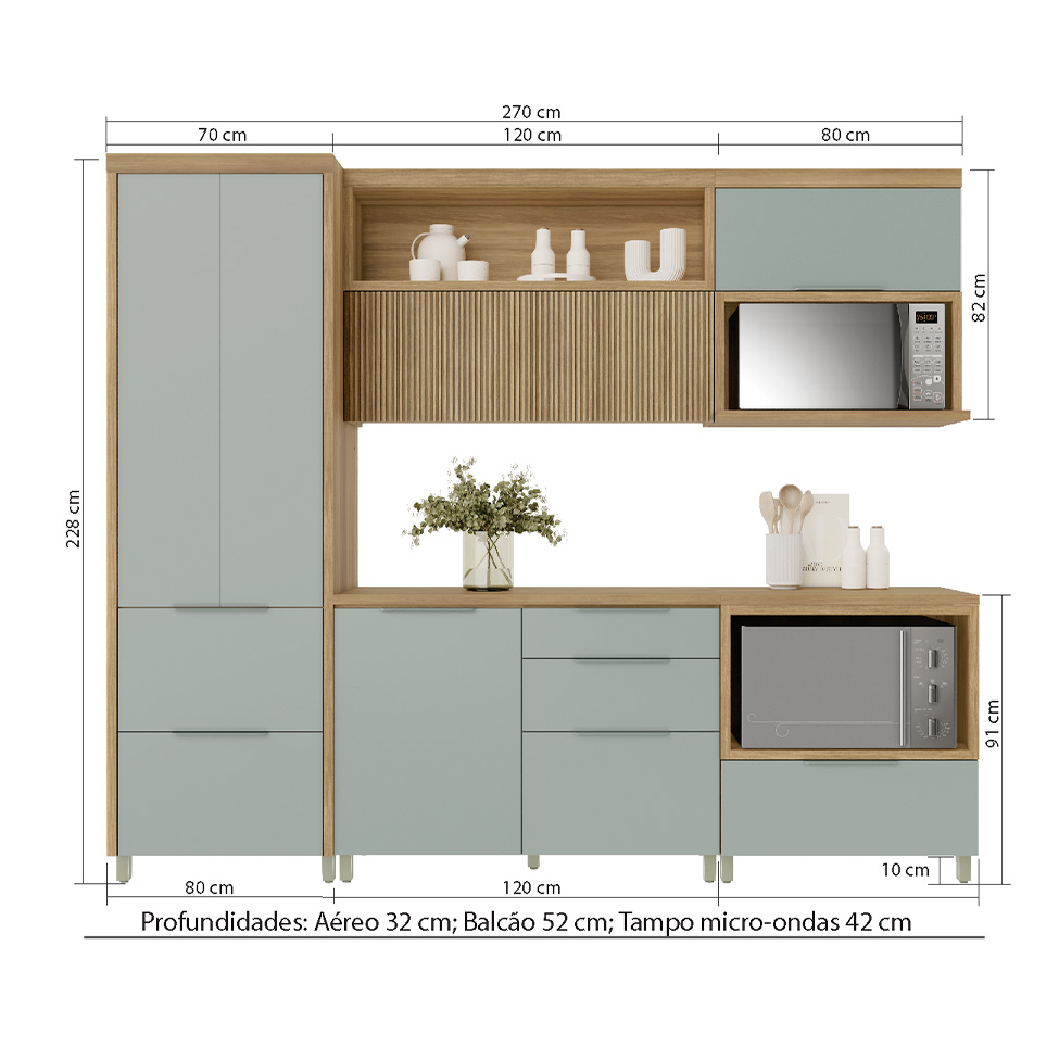 Cozinha Compacta Marquesa II 100% MDF 5 Portas 6 Gavetas Verde e Nature