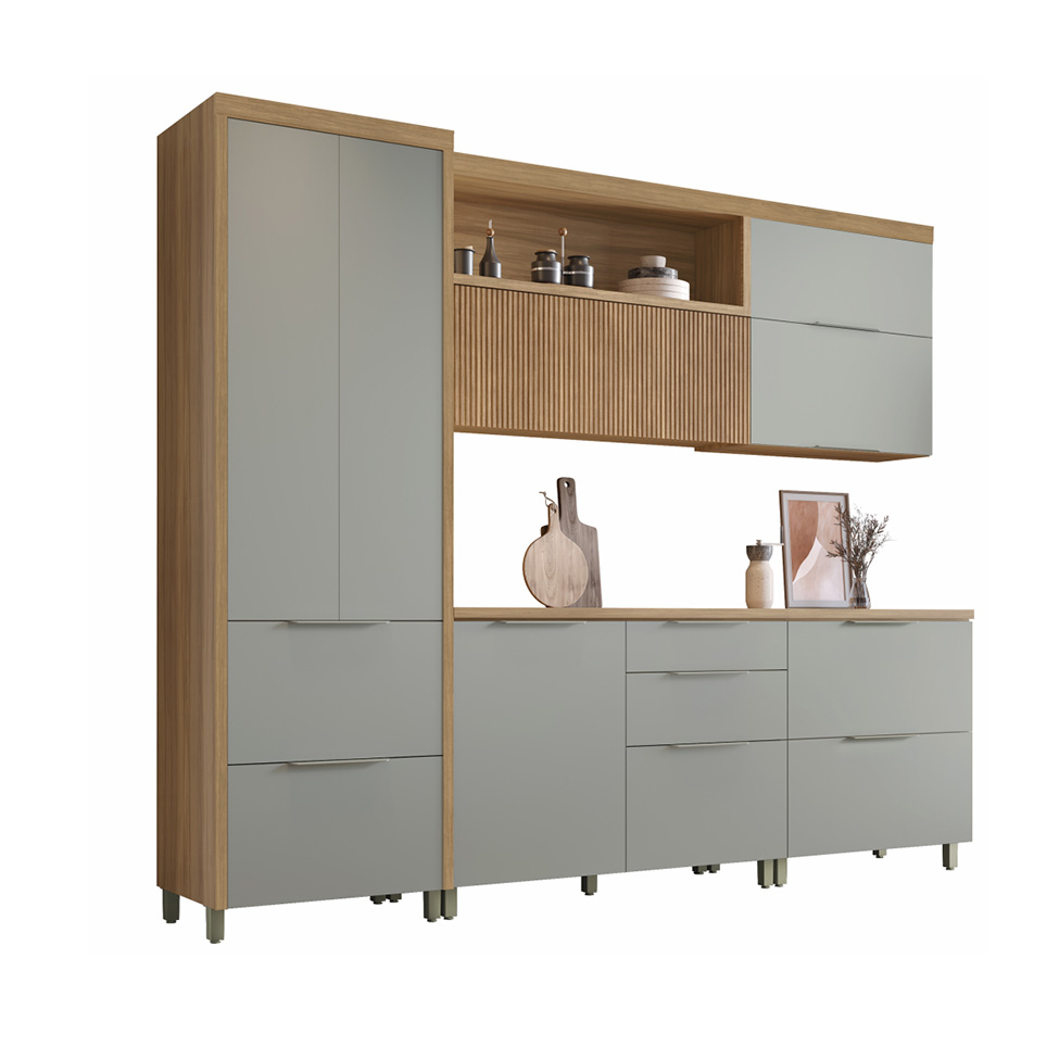 Cozinha Compacta Marquesa II 100% MDF 7 Portas 6 Gavetas Verde e Nature