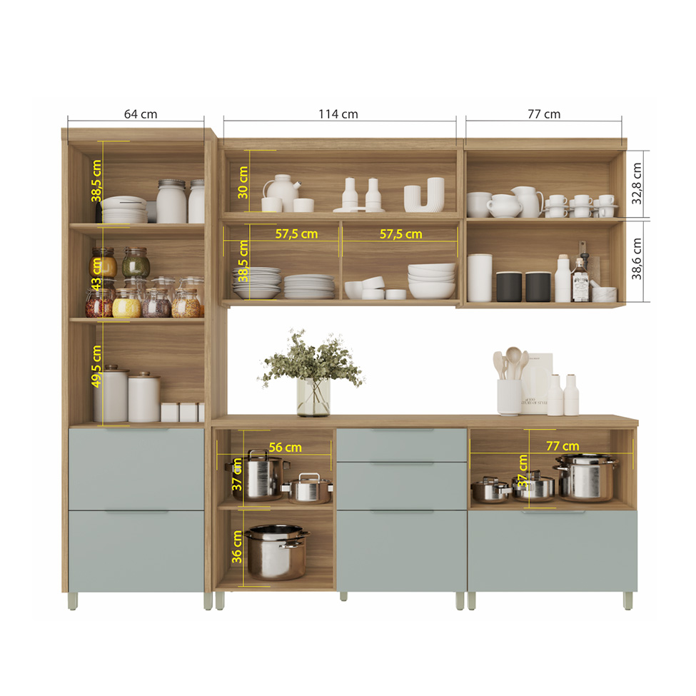 Cozinha Compacta Marquesa II 100% MDF 7 Portas 6 Gavetas Verde e Nature