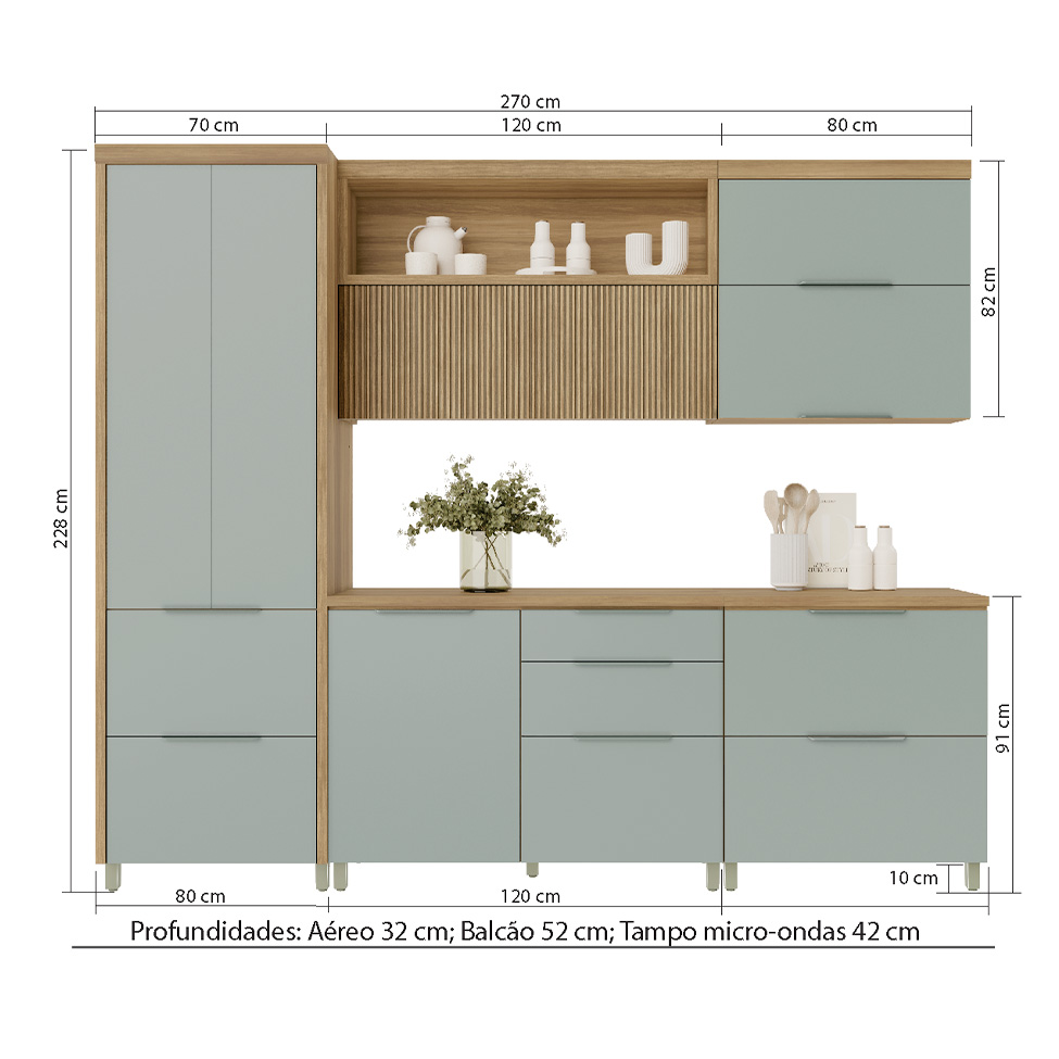 Cozinha Compacta Marquesa II 100% MDF 7 Portas 6 Gavetas Verde e Nature