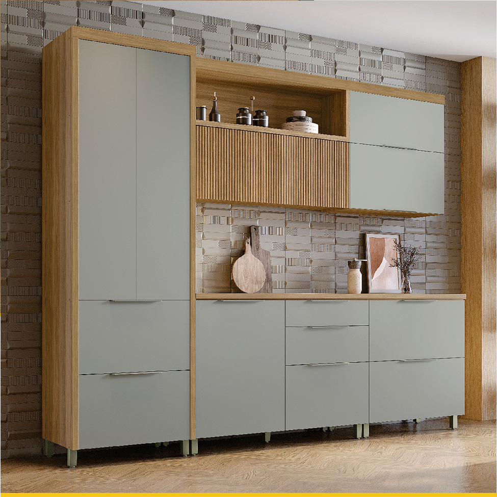 Cozinha Compacta Marquesa II 100% MDF 7 Portas 6 Gavetas Verde e Nature