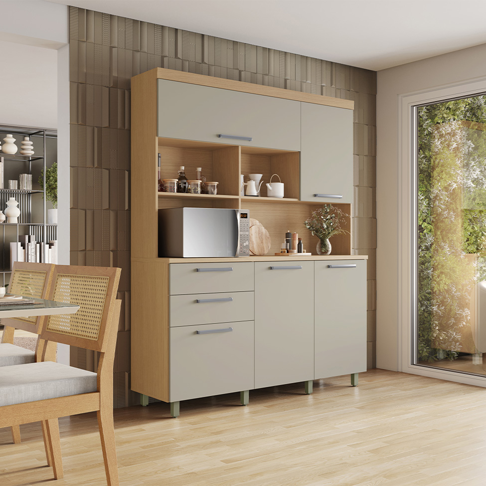 Cozinha Compacta Nobreza 100% MDF 5 Portas 2 Gavetas Carvalho e Greice