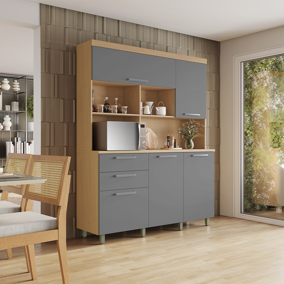 Cozinha Compacta Nobreza 100% MDF 5 Portas 2 Gavetas Carvalho e Titânio