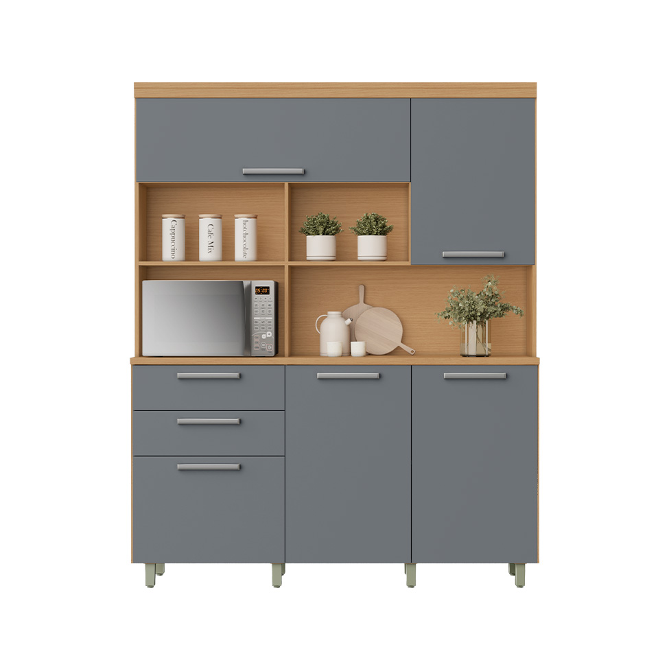 Cozinha Compacta Nobreza 100% MDF 5 Portas 2 Gavetas Carvalho e Titânio