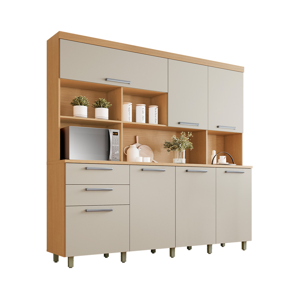 Cozinha Compacta Nobreza 100% MDF 7 Portas 2 Gavetas Carvalho e Greice