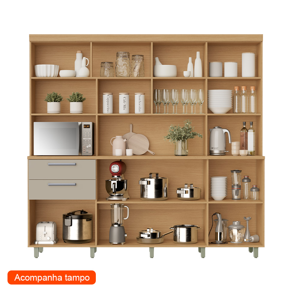 Cozinha Compacta Nobreza 100% MDF 7 Portas 2 Gavetas Carvalho e Greice