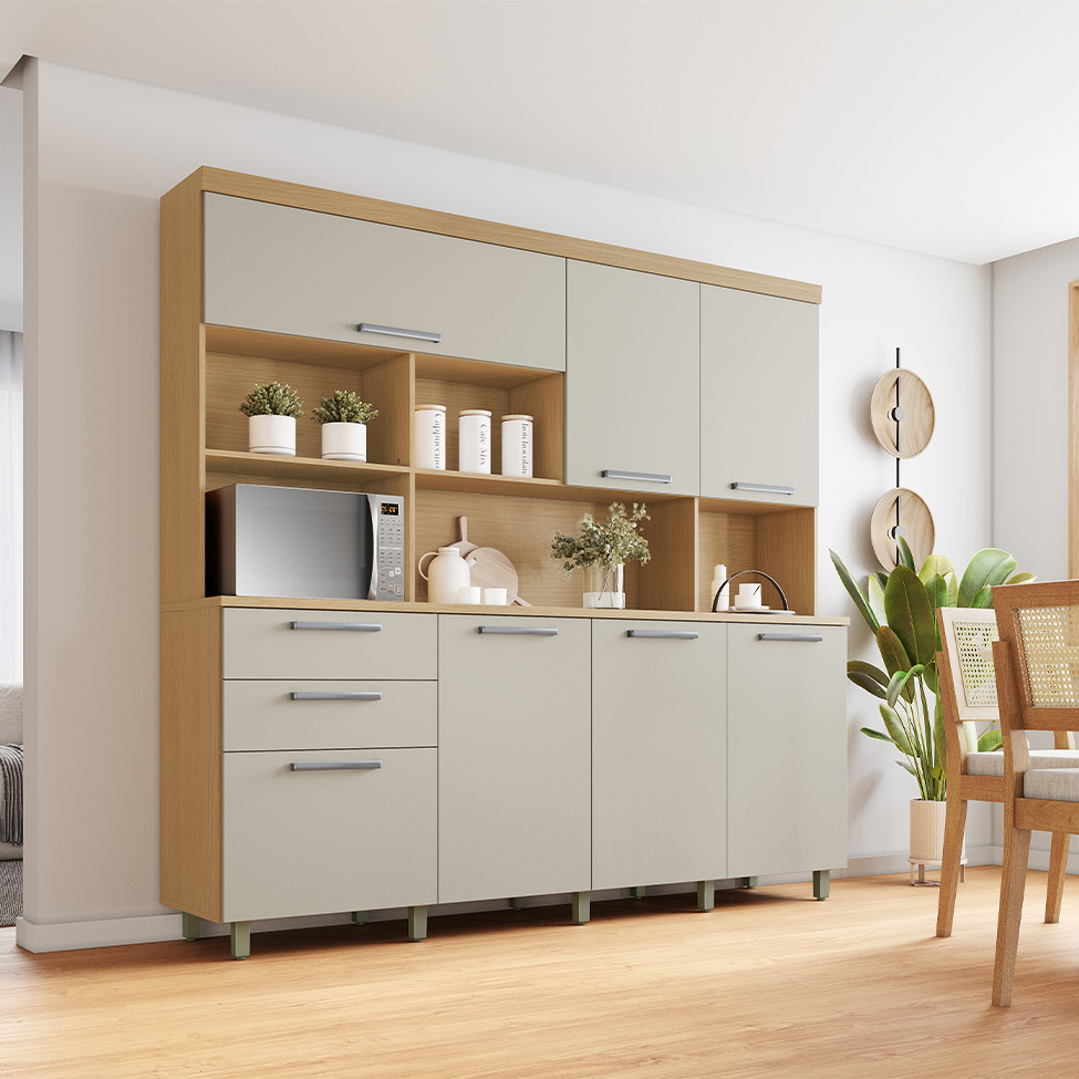 Cozinha Compacta Nobreza 100% MDF 7 Portas 2 Gavetas Carvalho e Greice