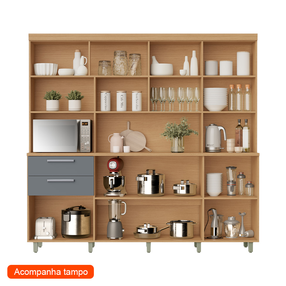 Cozinha Compacta Nobreza 100% MDF 7 Portas 2 Gavetas Carvalho e Titânio