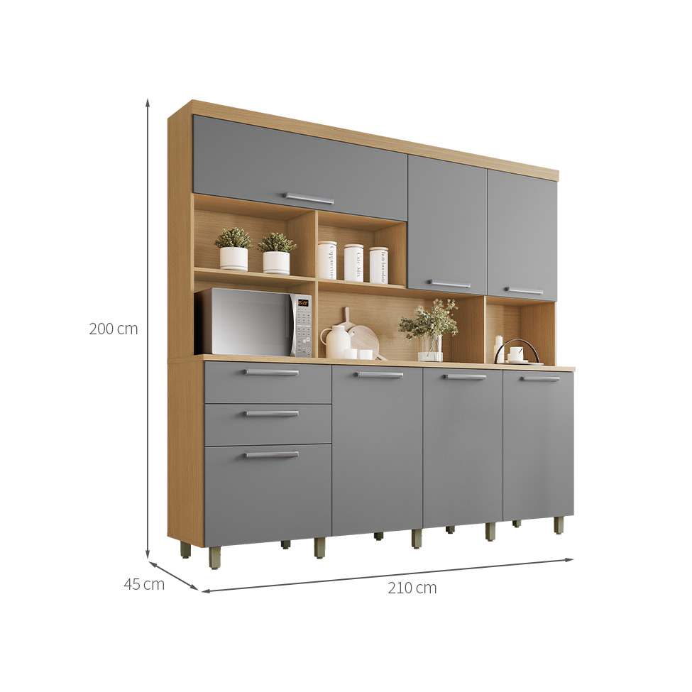 Cozinha Compacta Nobreza 100% MDF 7 Portas 2 Gavetas Carvalho e Titânio