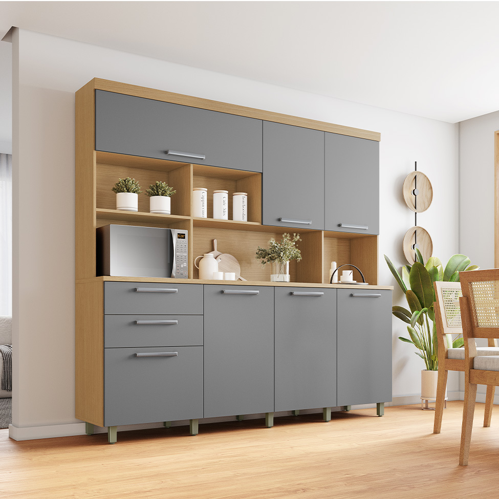 Cozinha Compacta Nobreza 100% MDF 7 Portas 2 Gavetas Carvalho e Titânio