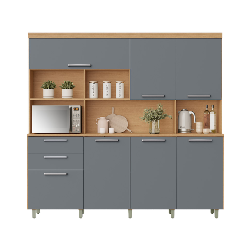 Cozinha Compacta Nobreza 100% MDF 7 Portas 2 Gavetas Carvalho e Titânio