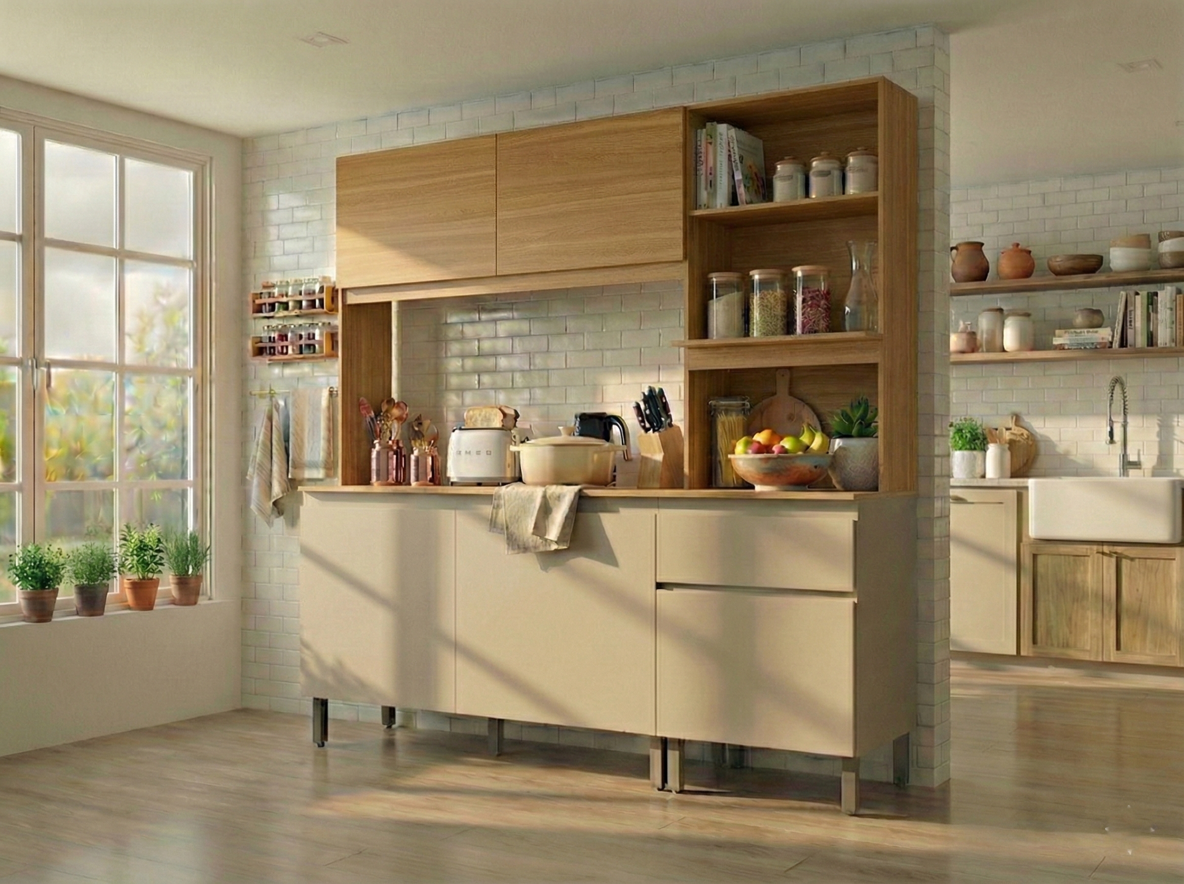 Cozinha Compacta Peru 5 Portas 1 Gaveta Amêndola e Nude