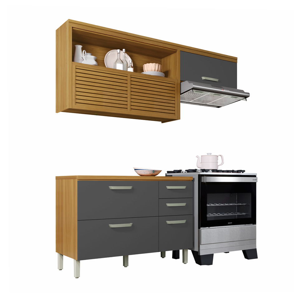 Cozinha Compacta Princesa 4 Portas 3 Gavetas Freijó e Grafite