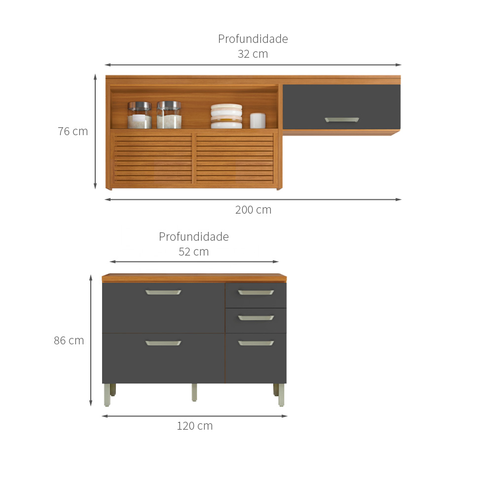 Cozinha Compacta Princesa 4 Portas 3 Gavetas Freijó e Grafite