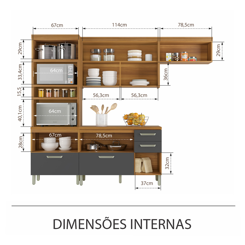 Cozinha Compacta Princesa 6 Portas 4 Gavetas Freijó e Grafite