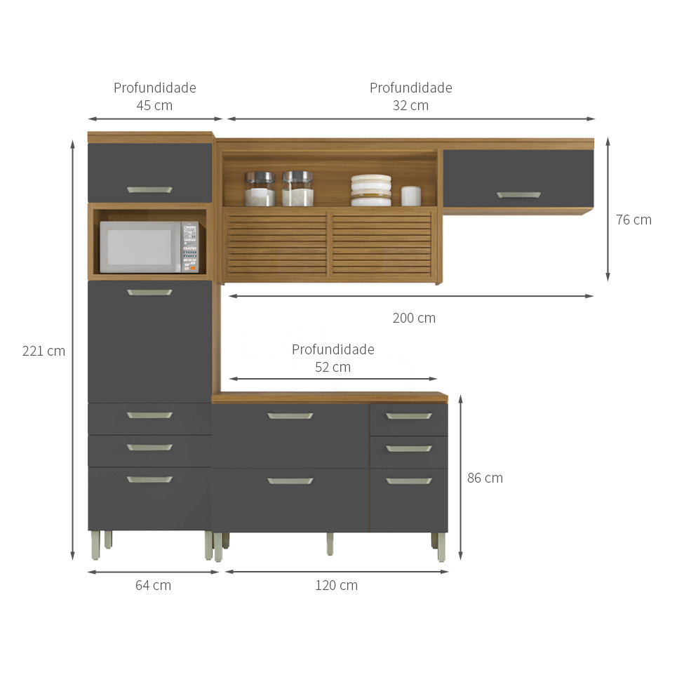 Cozinha Compacta Princesa 6 Portas 6 Gavetas Freijó e Grafite