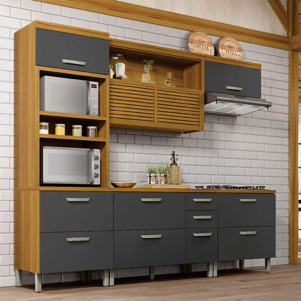 Cozinha Compacta Princesa 7 Portas 5 Gavetas Freijó e Grafite