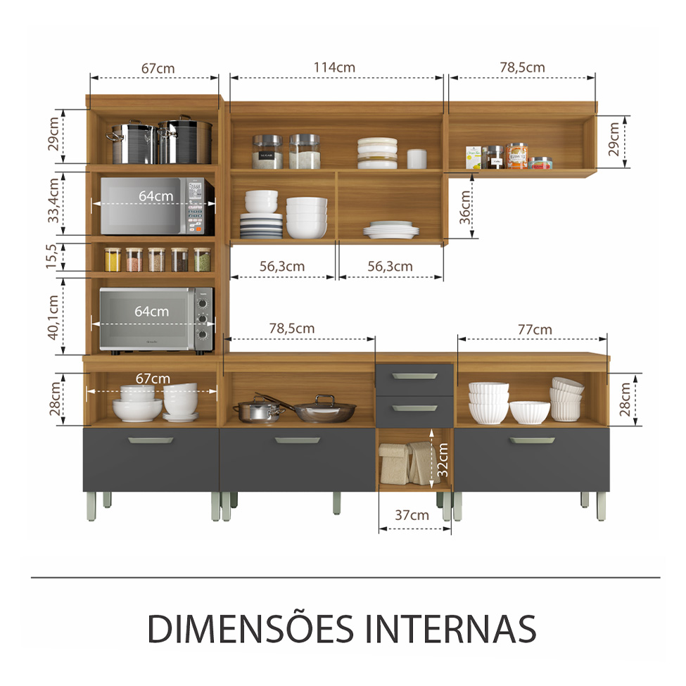Cozinha Compacta Princesa 7 Portas 5 Gavetas Freijó e Grafite