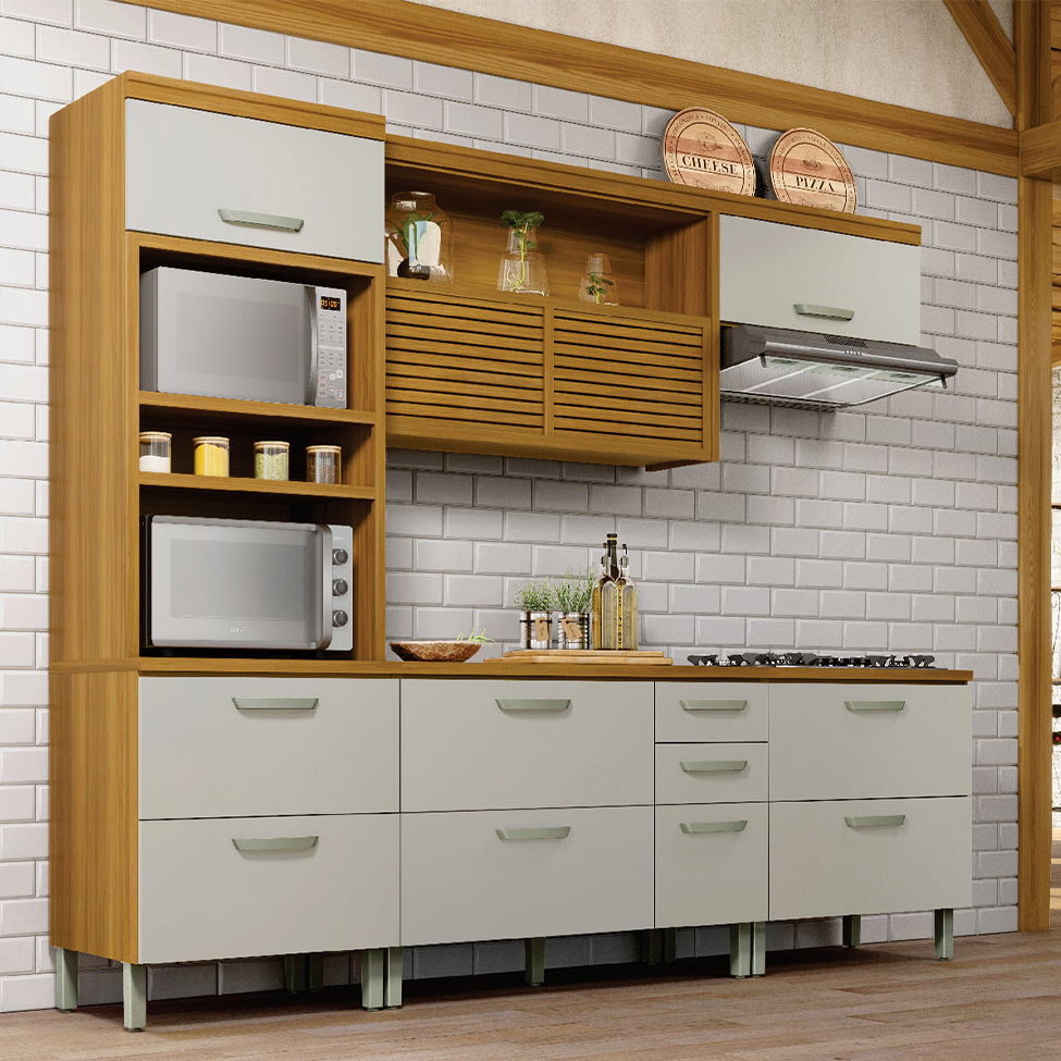 Cozinha Compacta Princesa 7 portas 5 Gavetas Freijó e Off White