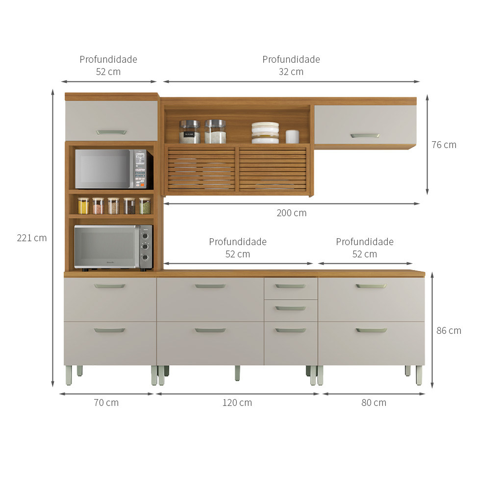 Cozinha Compacta Princesa 7 portas 5 Gavetas Freijó e Off White