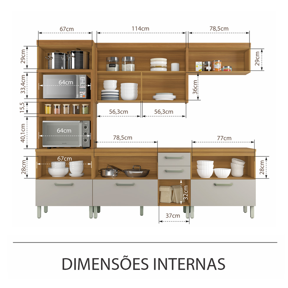 Cozinha Compacta Princesa 7 portas 5 Gavetas Freijó e Off White
