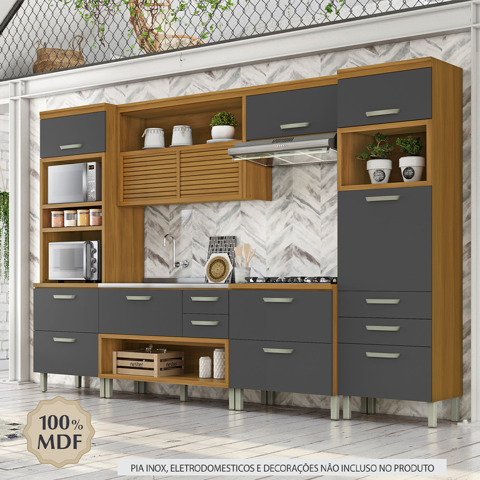 Cozinha Compacta Princesa 8 Portas 5 Gavetas Freijó e Grafite