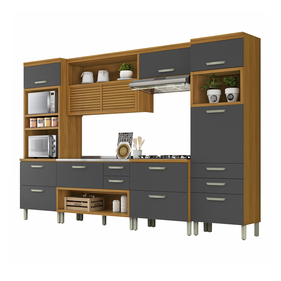 Cozinha Compacta Princesa 8 Portas 5 Gavetas Freijó e Grafite