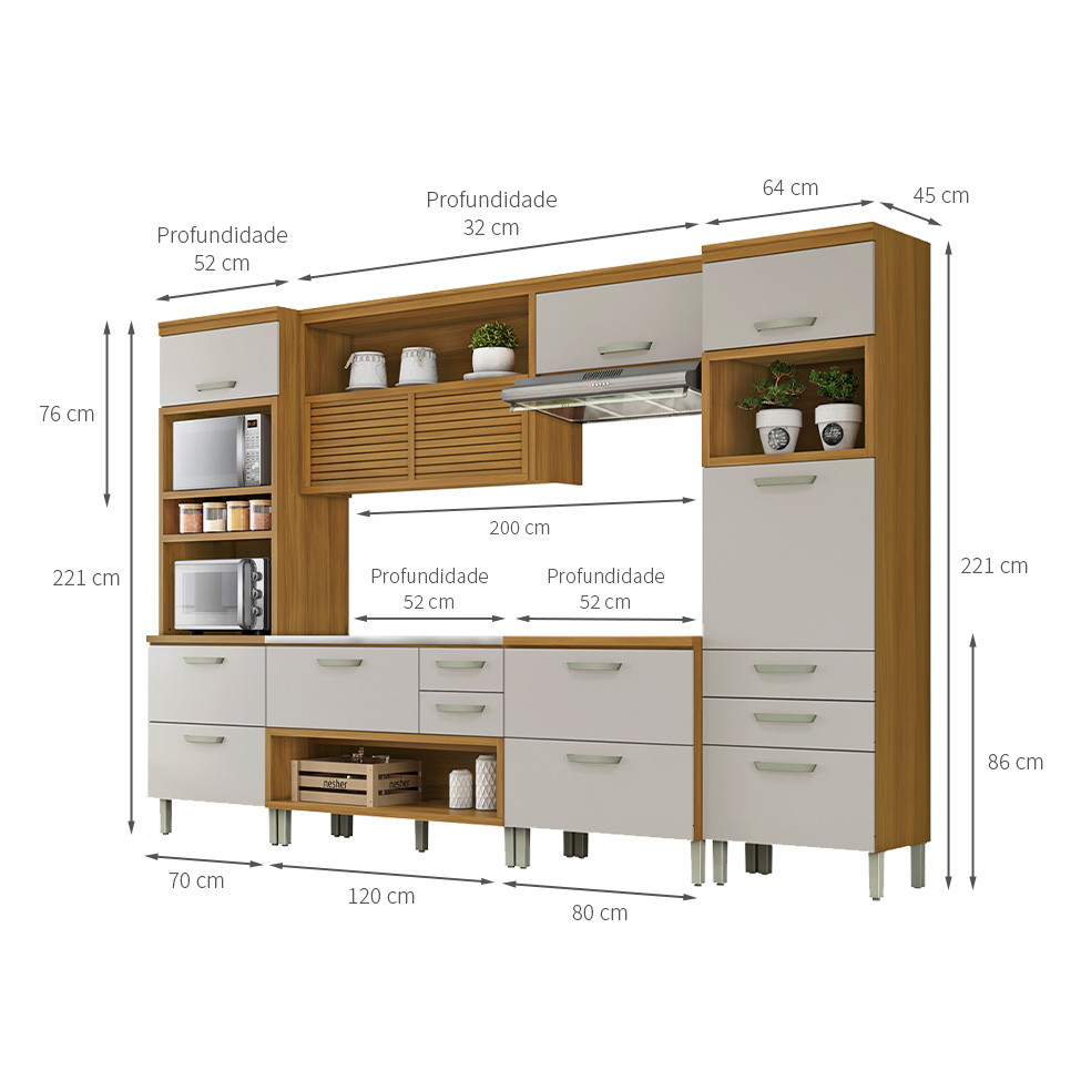 Cozinha Compacta Princesa 8 Portas 5 Gavetas Freijó e Off White