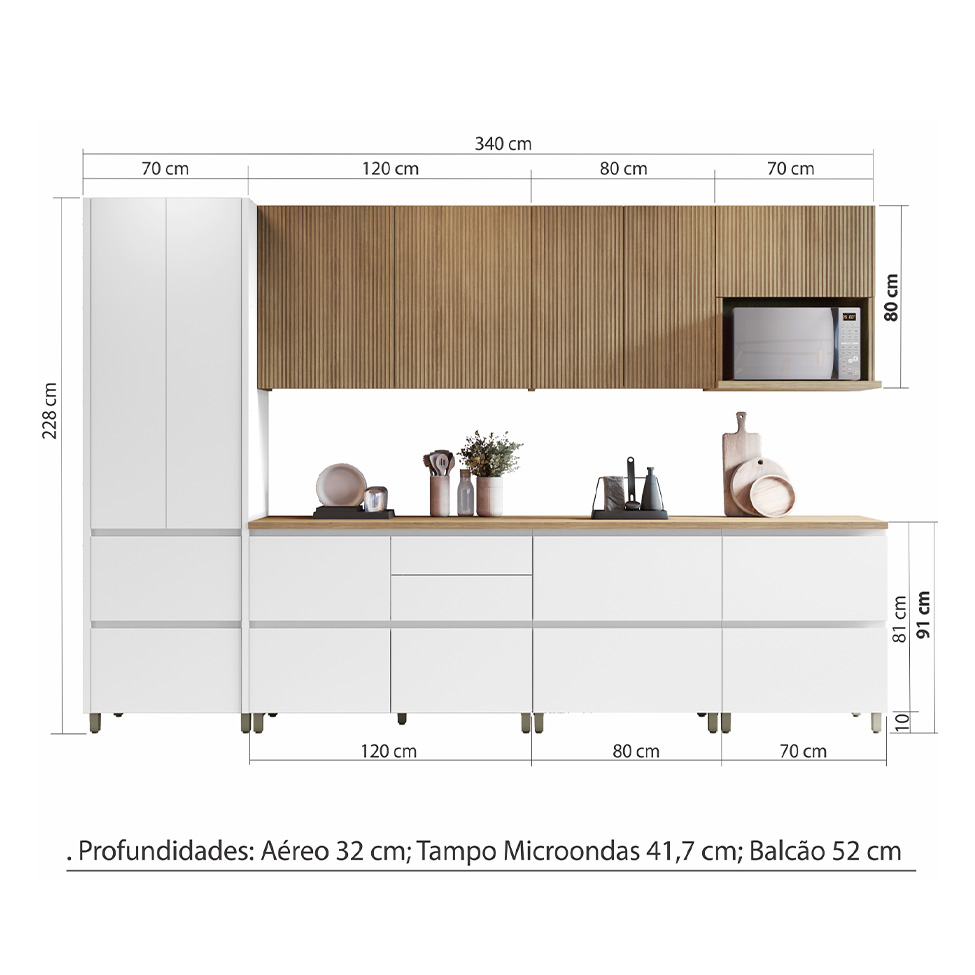 Cozinha Compacta Rainha 100% MDF 10 Portas 8 Gavetas Branca e Nature