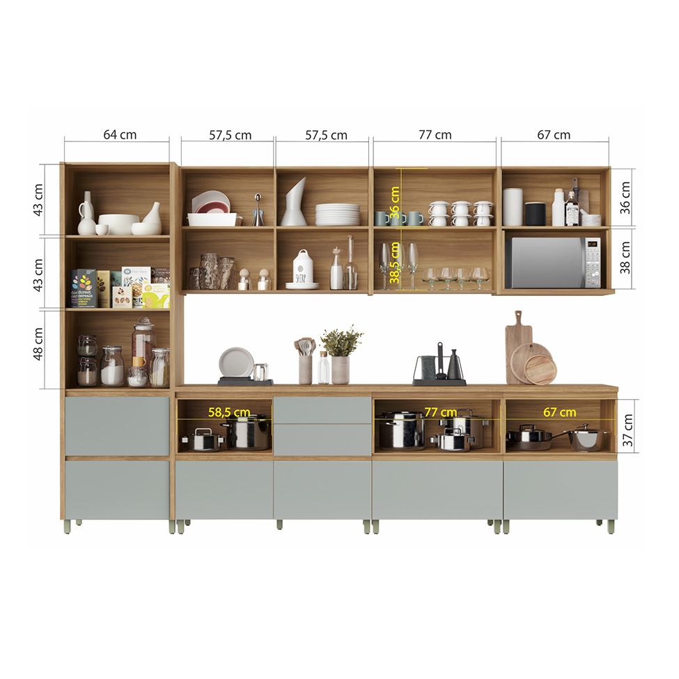 Cozinha Compacta Rainha 100% MDF 10 Portas 8 Gavetas Verde e Nature