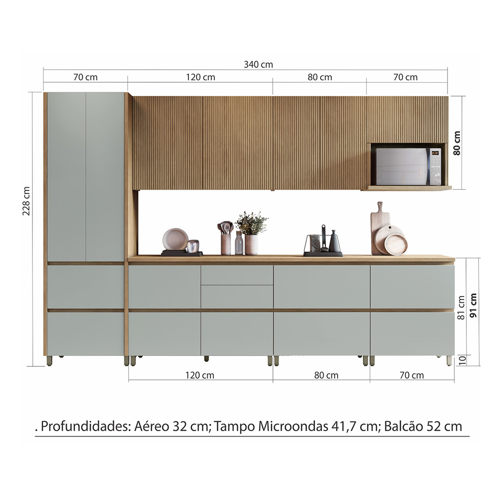 Cozinha Compacta Rainha 100% MDF 10 Portas 8 Gavetas Verde e Nature
