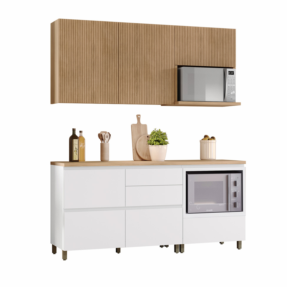 Cozinha Compacta Rainha 100% MDF 4 Portas 5 Gavetas Branca e Nature