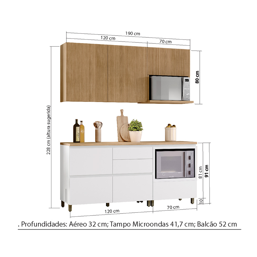 Cozinha Compacta Rainha 100% MDF 4 Portas 5 Gavetas Branca e Nature