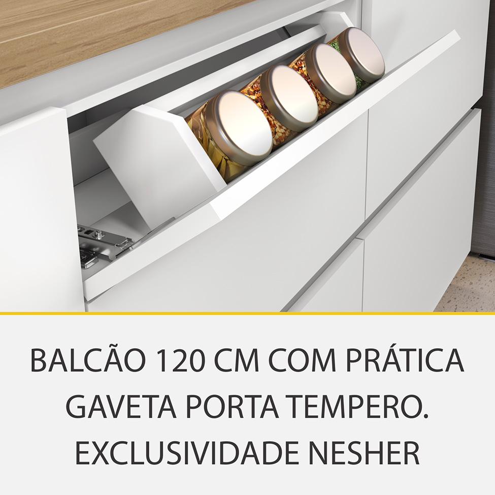 Cozinha Compacta Rainha 100% MDF 4 Portas 5 Gavetas Branca e Nature