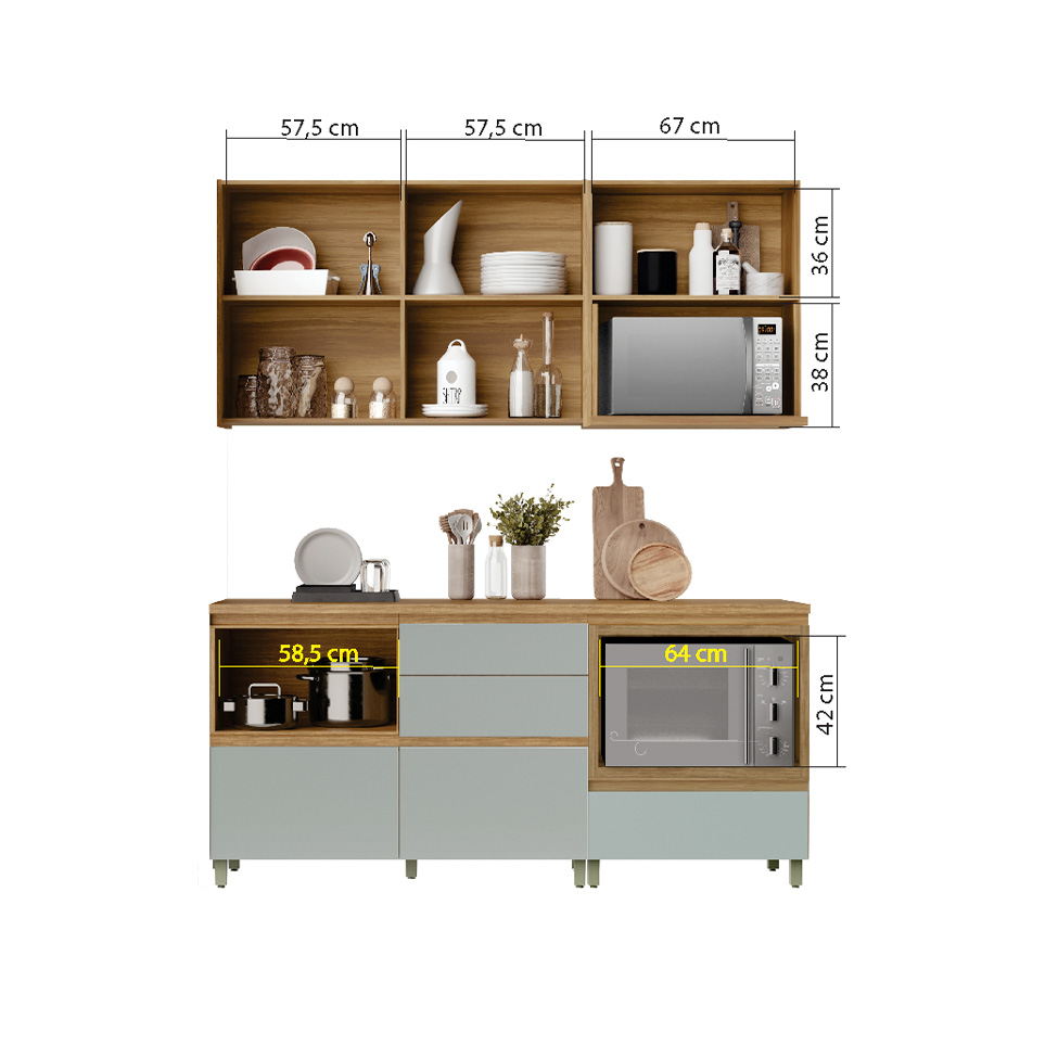 Cozinha Compacta Rainha 100% MDF 4 Portas 5 Gavetas Verde e Nature