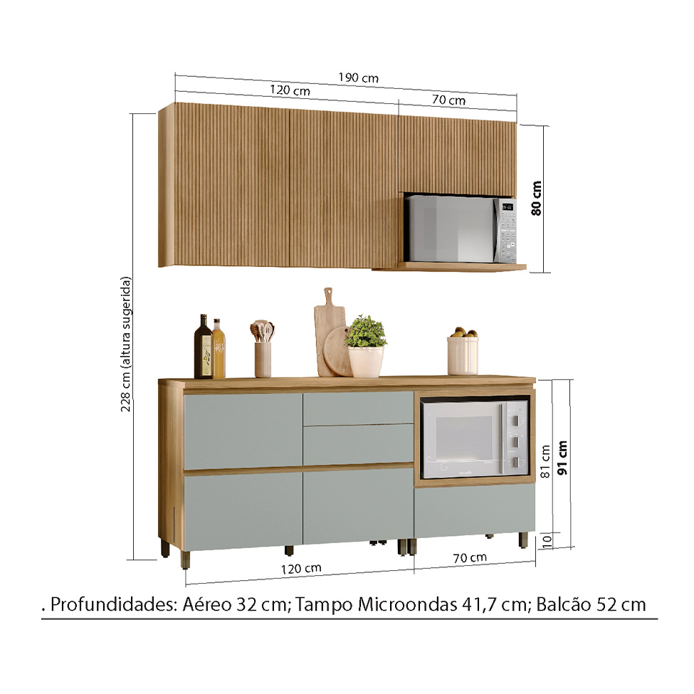 Cozinha Compacta Rainha 100% MDF 4 Portas 5 Gavetas Verde e Nature