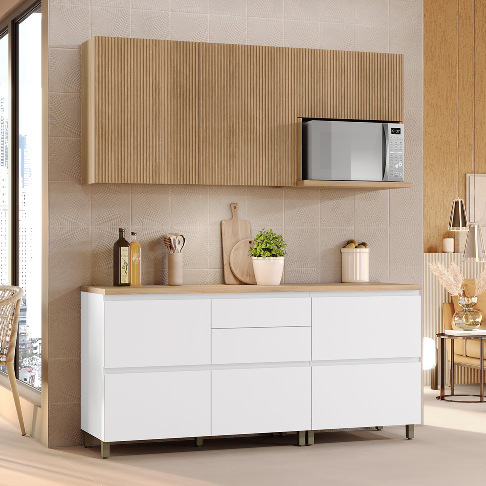 Cozinha Compacta Rainha 100% MDF 5 Portas 5 Gavetas Branca e Nature