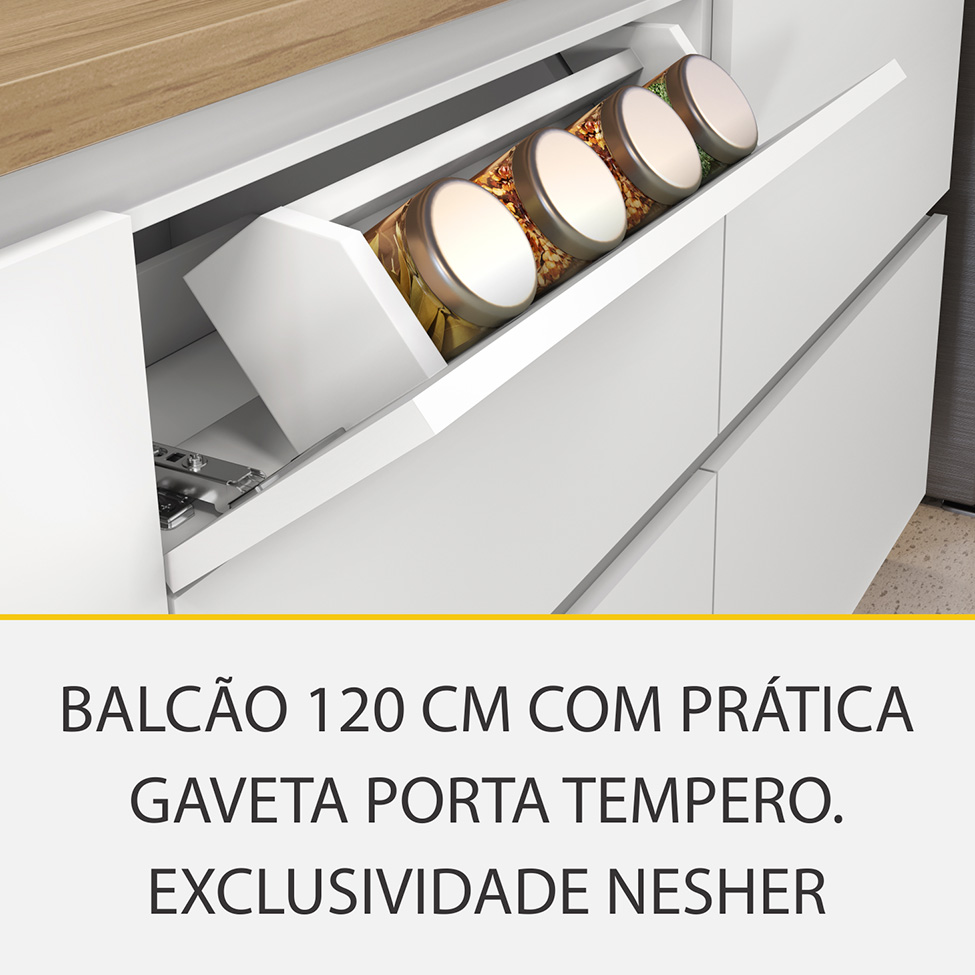 Cozinha Compacta Rainha 100% MDF 5 Portas 5 Gavetas Branca e Nature