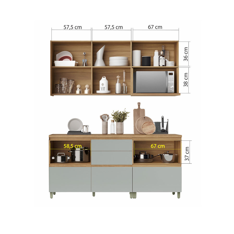 Cozinha Compacta Rainha 100% MDF 5 Portas 5 Gavetas Verde e Nature