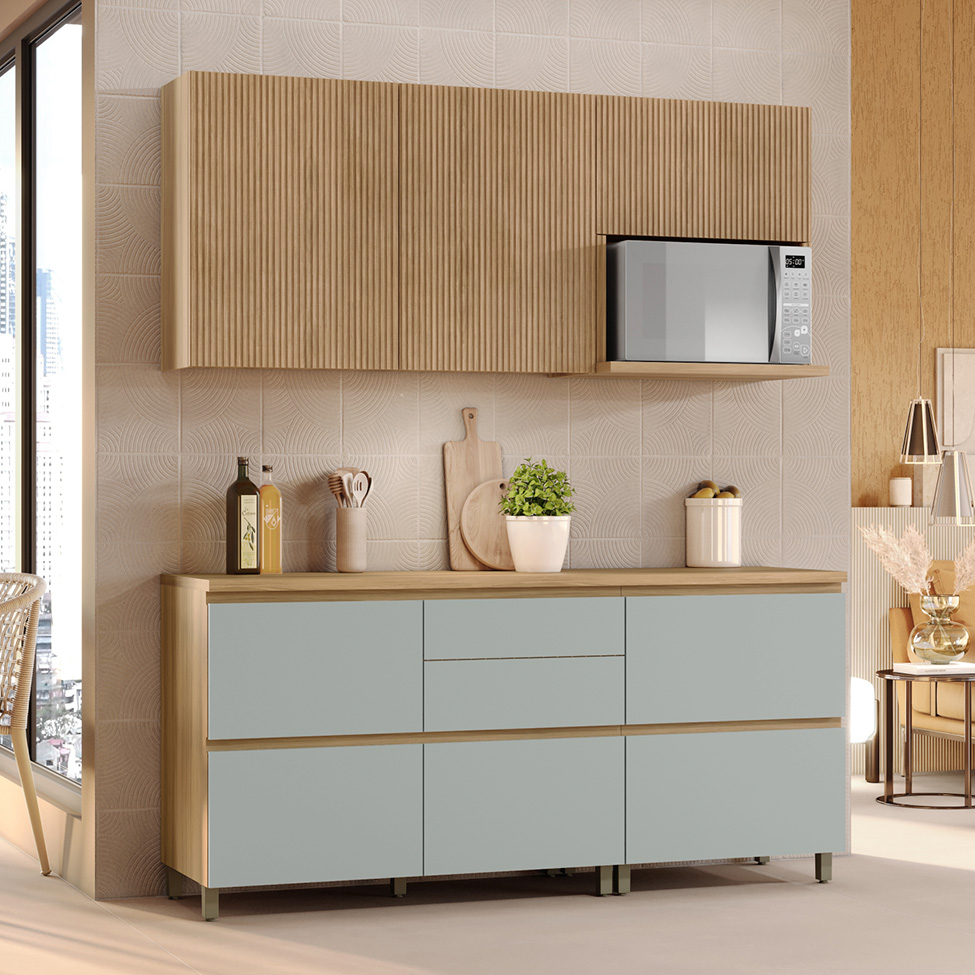 Cozinha Compacta Rainha 100% MDF 5 Portas 5 Gavetas Verde e Nature