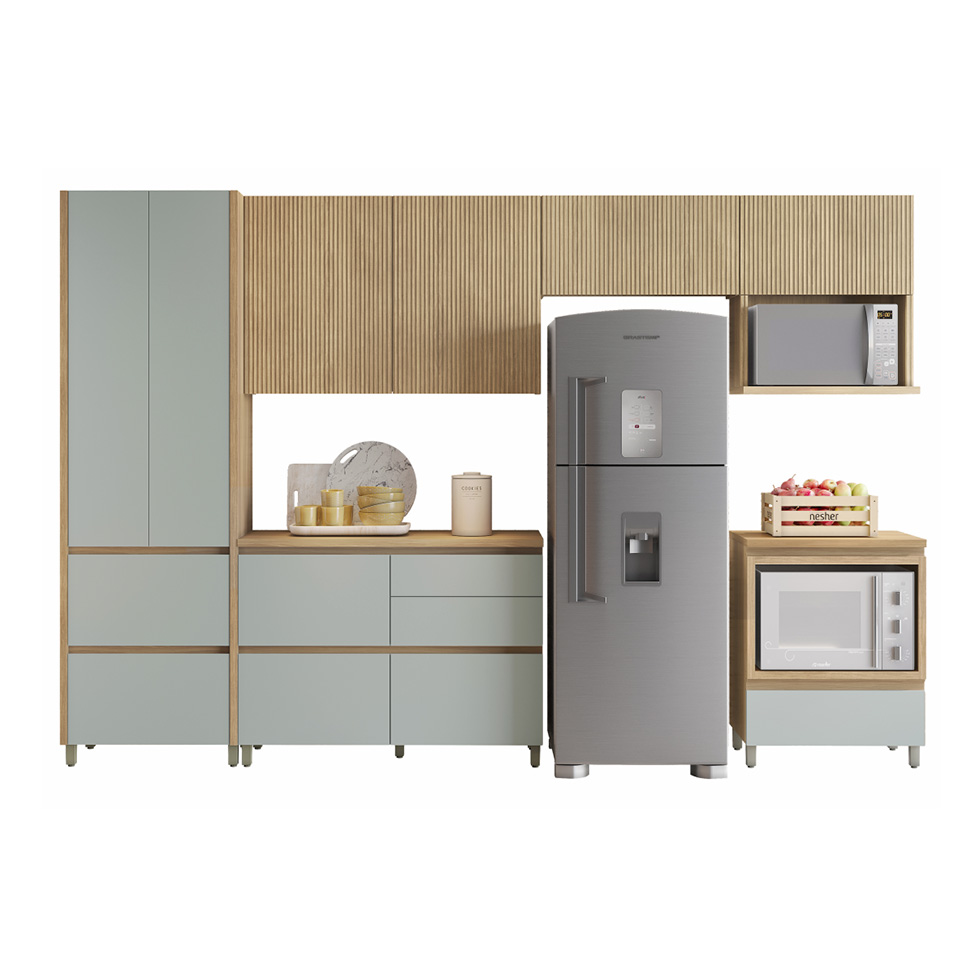 Cozinha Compacta Rainha 100% MDF 7 Portas 7 Gavetas Verde e Nature
