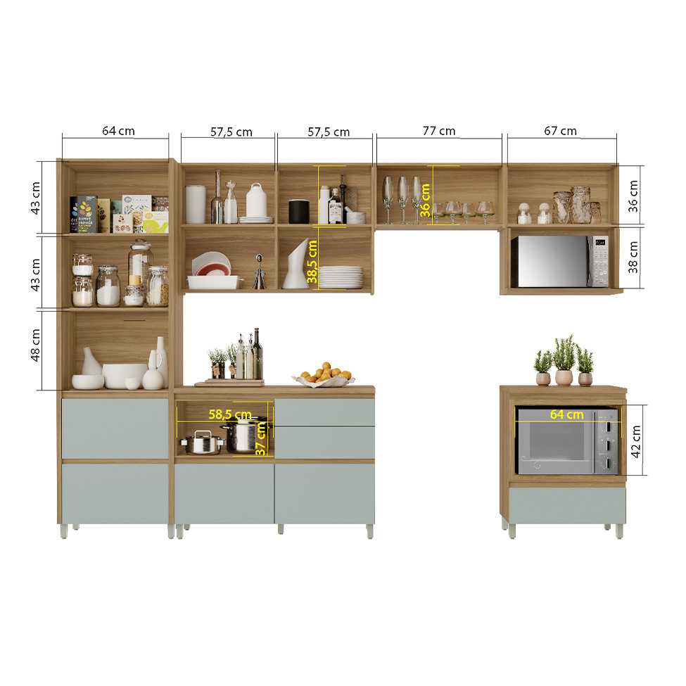 Cozinha Compacta Rainha 100% MDF 7 Portas 7 Gavetas Verde e Nature