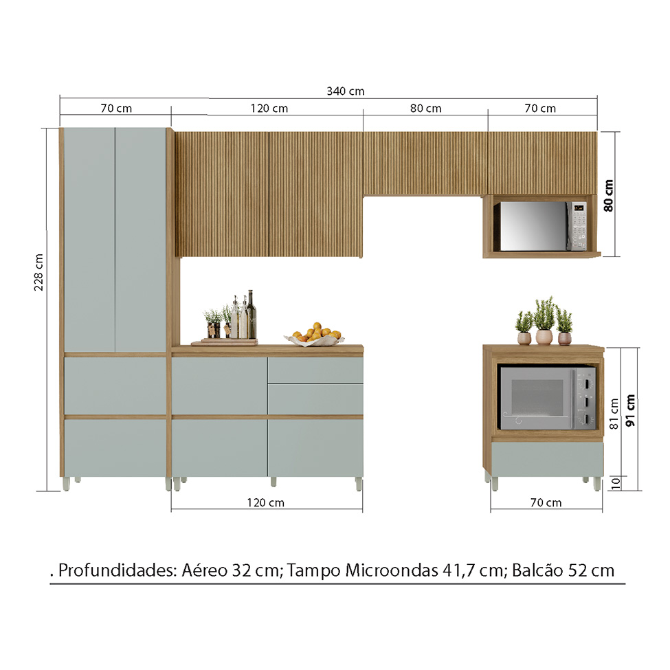 Cozinha Compacta Rainha 100% MDF 7 Portas 7 Gavetas Verde e Nature