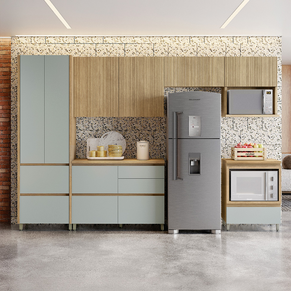 Cozinha Compacta Rainha 100% MDF 7 Portas 7 Gavetas Verde e Nature