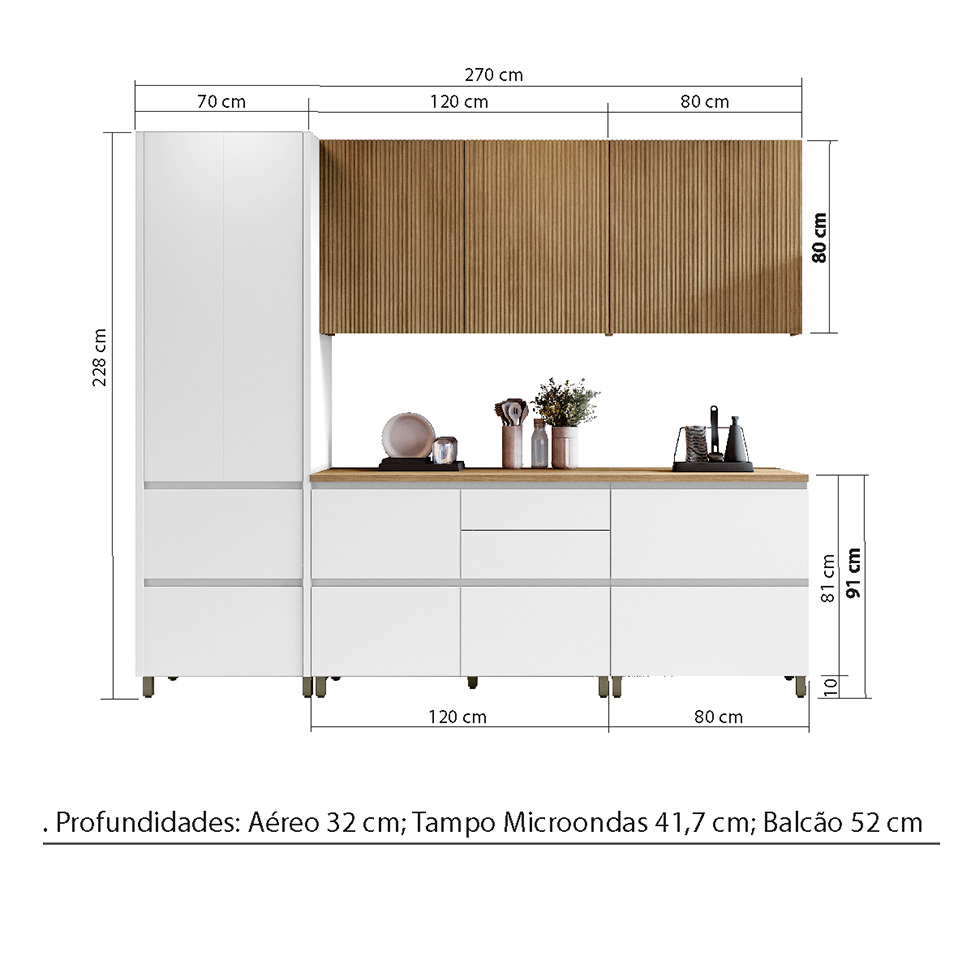 Cozinha Compacta Rainha 100% MDF 8 Portas 7 Gavetas Branca e Nature