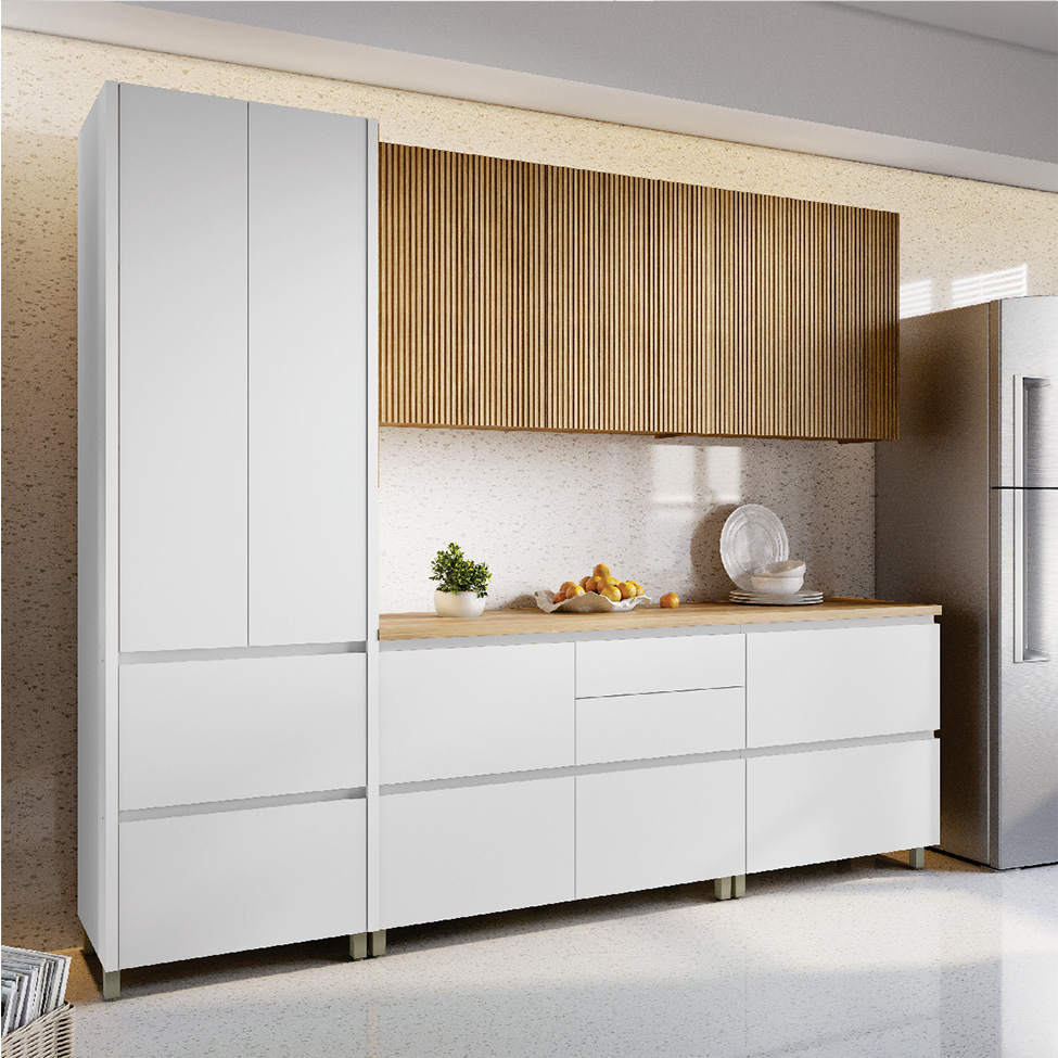 Cozinha Compacta Rainha 100% MDF 8 Portas 7 Gavetas Branca e Nature