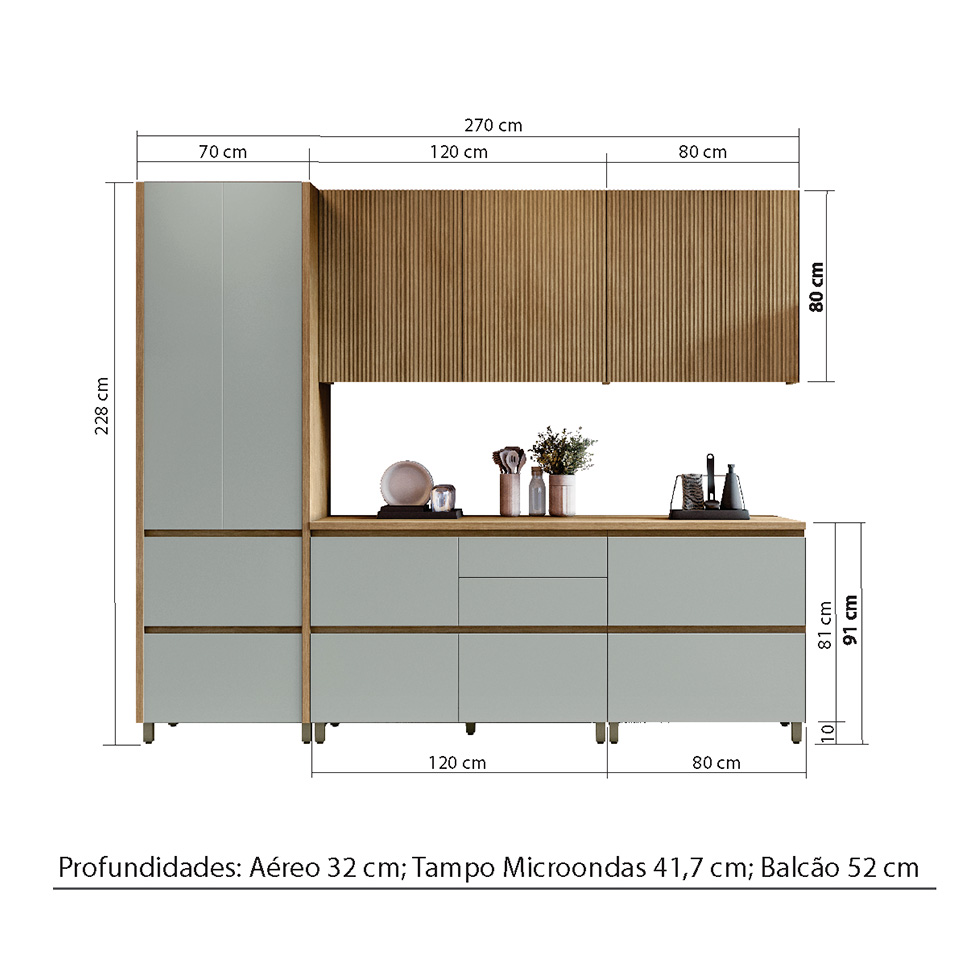 Cozinha Compacta Rainha 100% MDF 8 Portas 7 Gavetas Verde e Nature