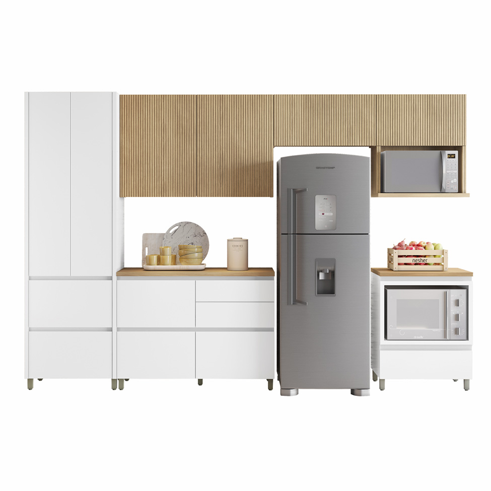 Cozinha Compacta Rainha 100% MDF 9 Portas 7 Gavetas Branca e Nature