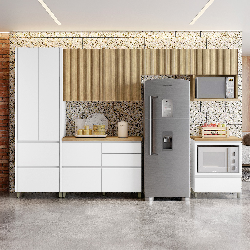Cozinha Compacta Rainha 100% MDF 9 Portas 7 Gavetas Branca e Nature