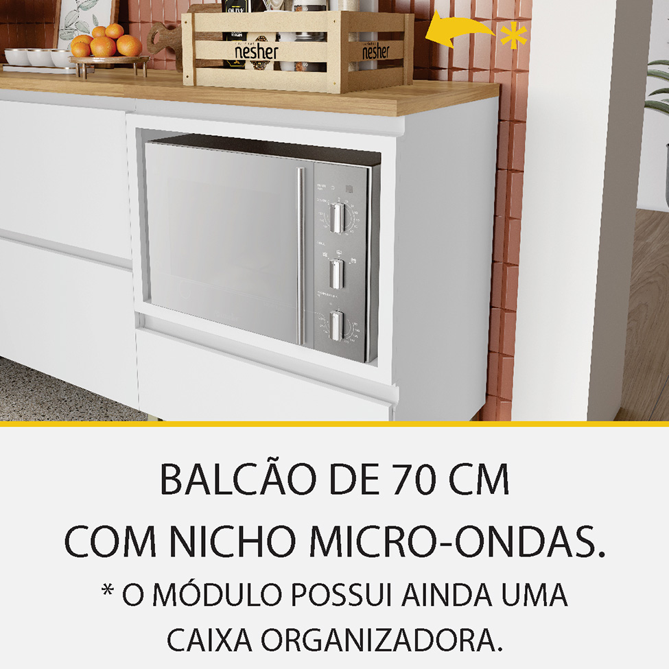 Cozinha Compacta Rainha 100% MDF 9 Portas 7 Gavetas Branca e Nature